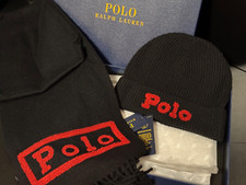 NEW Polo Ralph Lauren Spell Out / Pony Black Red Scarf Beanie 2 Piece SET
