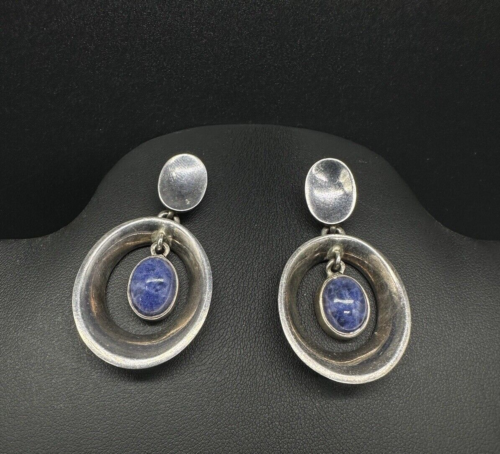 Taxco Mexican Blue Lapis Lazuli 925 Sterling Silver Earrings 1.75" - Afbeelding 1 van 9