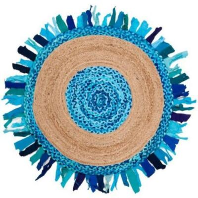Blue Multicolor Handmade Cotton Reversible Indian Carpet Living Area Round Rug