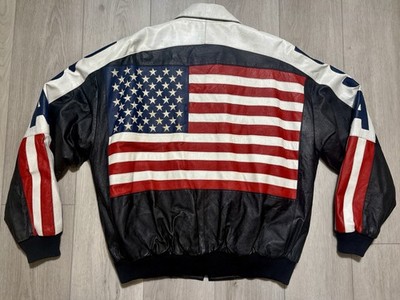 VTG 80s Phase 2 USA American Flag Red White Blue Leather Bomber Jacket Mens XL