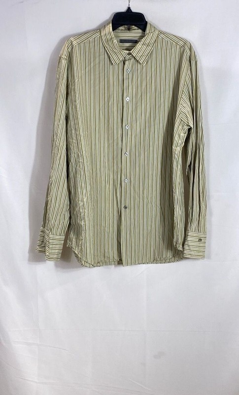 John Varvatos Men's Green Striped Long Sleeve Button Down 100% Cotton Shirt