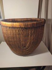 Mid-20th Century Chinese Woven Reed Basket Boho Cottage Vtg  Natural Artisan Co