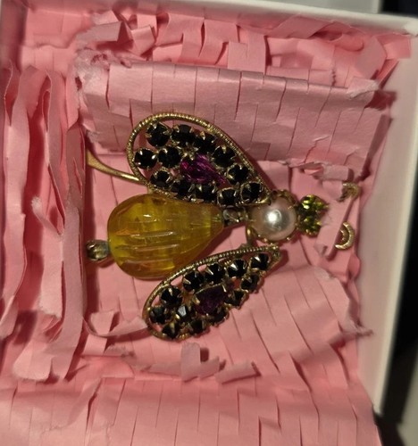 Vintage Schreiner New York Tremble Bumble Givre Art Glass Bug Rhinestones Brooch - Picture 15 of 23