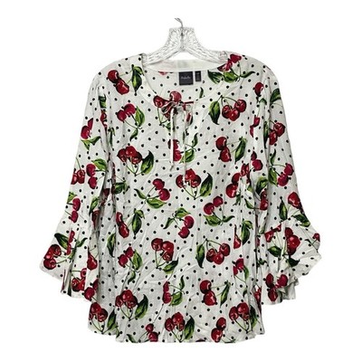 Rafaella Womens Top Large Cherries Polka Dot Bell Sleeve Tie Neck Blouse
