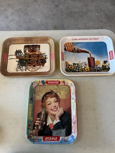 3 -50s 60s Vintage Coca-Cola lithographed metal serving tray
