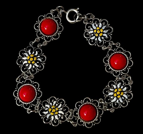 VINTAGE ROTE KORALLE ARMBAND FILIGRAN EMAILLE EDELWEISS BLUME 6,5" KLEIN ZART - Bild 2 von 8