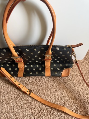 Dooney & Bourke IT40C DB Monogram Domed Satchel Shoulder Bag Black Tan Leather