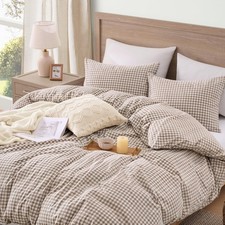 Tan Gingham Duvet Cover Queen, 100 Wash Cotton Linen Like Textured Breathable