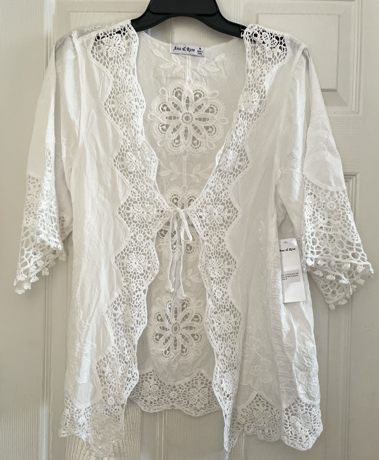 Ana & Rose White Boho Crochet Cardigan Beach Cover Up Sz M Tie Front