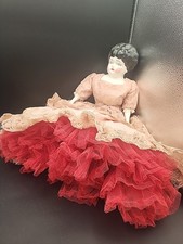 Vintage Porcelain Shoulder Head Doll BLACK HAIR Cloth Body Handmade Dress 20"