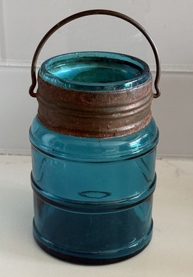 ANTIQUE 1881 SAMUEL ADLAM PATENT BLUE GLASS PAIL FOOD CANNING JAR BOSTON MA