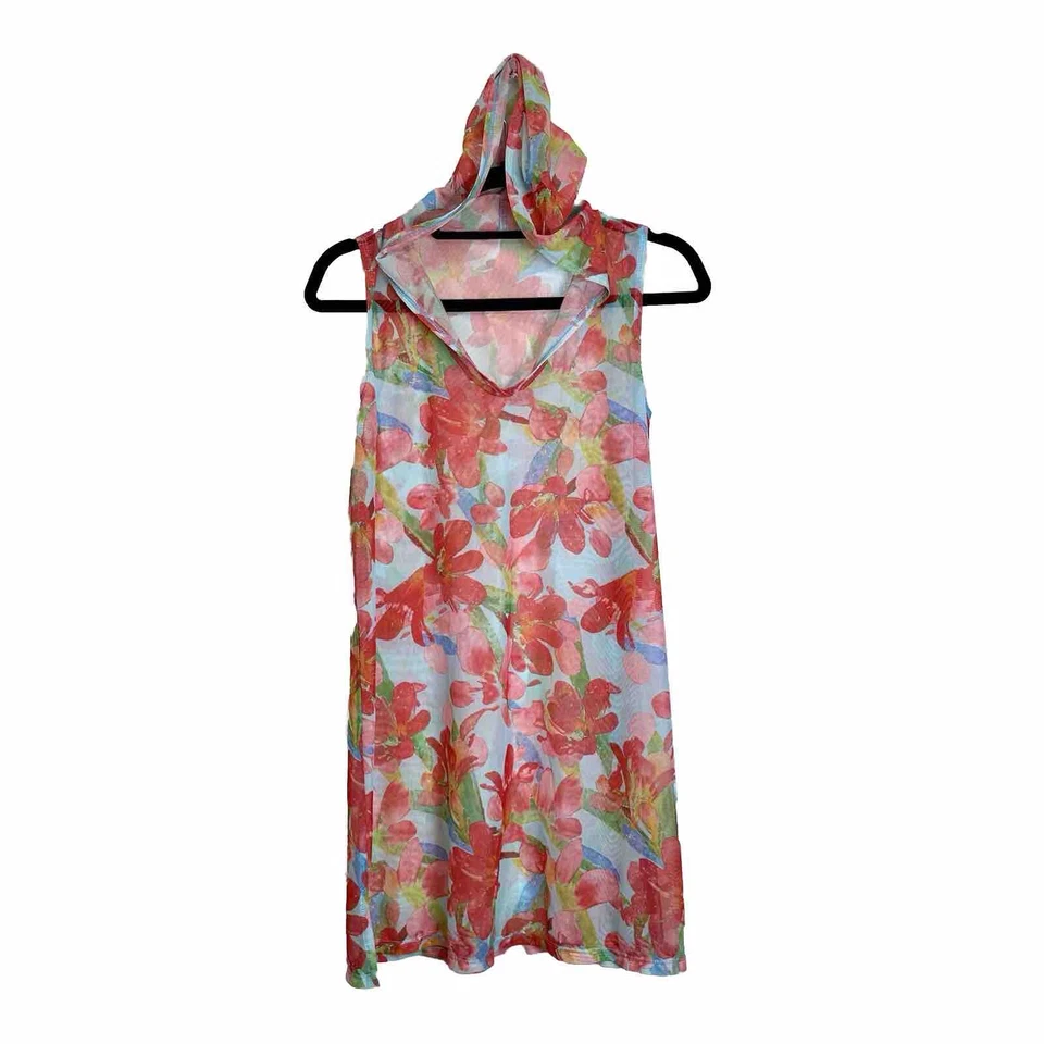 Athena Women's Sheer Mesh Swimwear Cover-Up Dress Size Medium Floral Hooded Top - Image 3 of 4