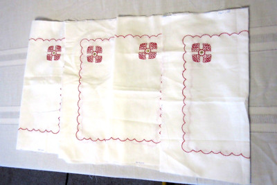 Lot of 4 Hand Embroidered 14'' Quilt Blocks Red Celtic Cross Pattern Cotton