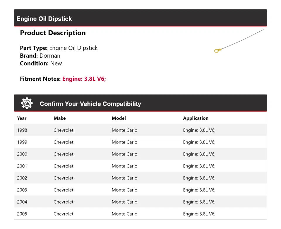 Varilla de medición de aceite de motor Dorman V6 3,8 L 1998-2005 Chevrolet Monte Carlo 1999 Foto 2 de 4