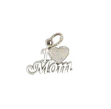 Solid 14K White Gold I Love Mom Polished Finish w/ Detailed Heart Charm Pendant