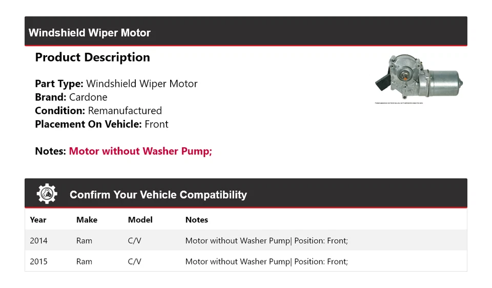 Motor limpiaparabrisas delantero cardone Ram C/V 2014-2015 Foto 2 de 4
