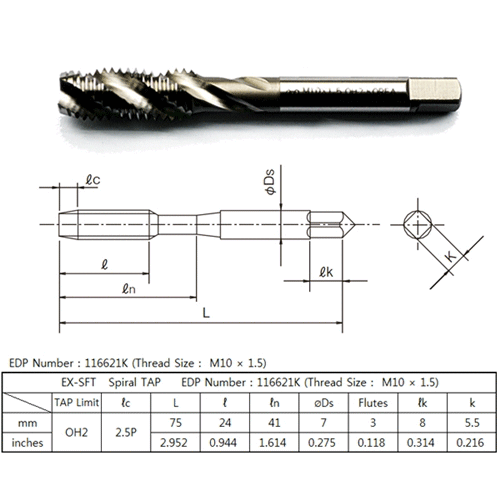 6ea M10 x 1.5 OH2 SPIRAL FLUTE TAP HSSE OSG  - Picture 4 of 4