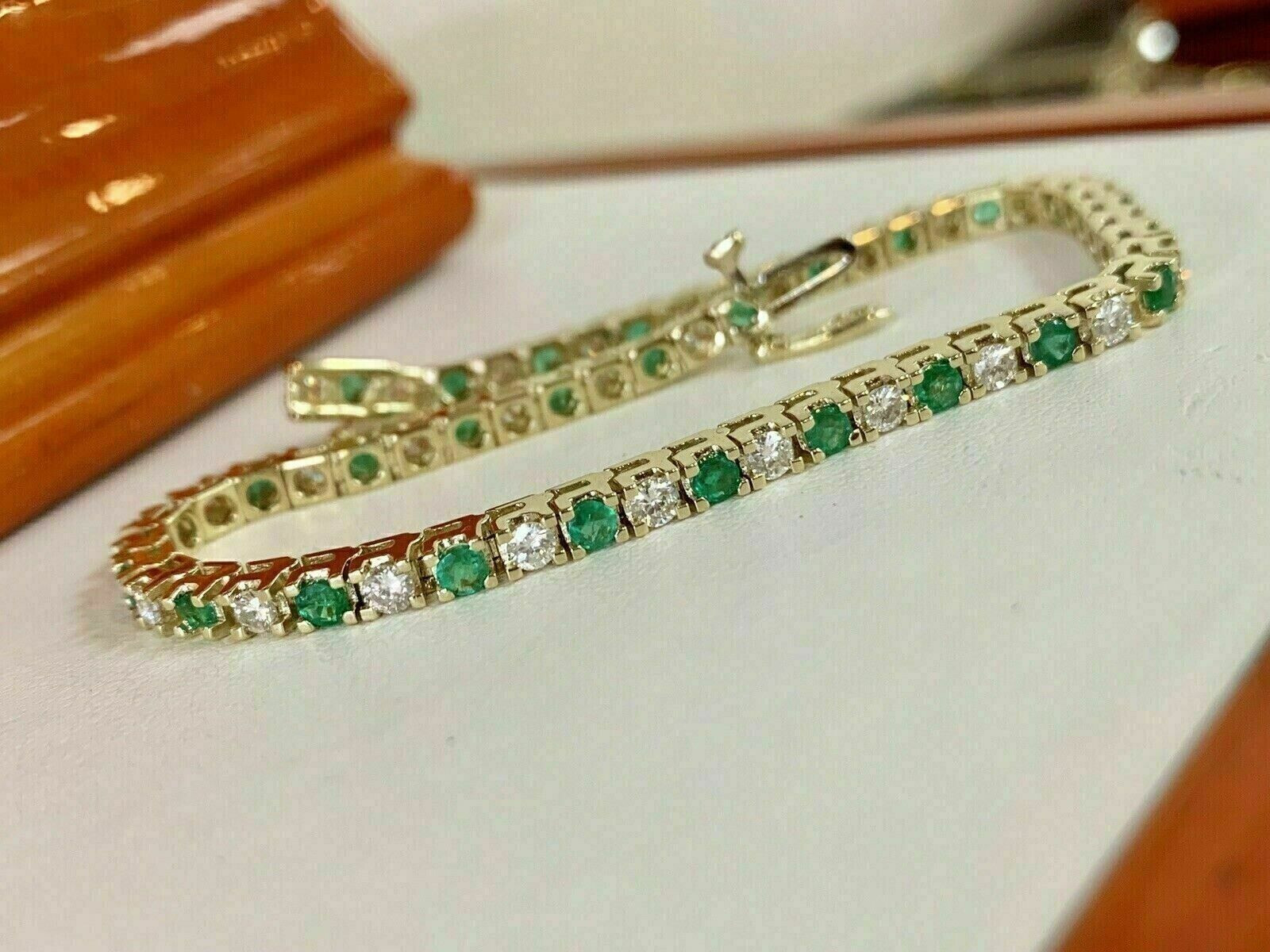 8Ct Round Cut Emerald & Diamond Womens Tennis Bracelet 14k Yellow Gold Plated 7"