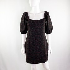 Free People Black SUNSET Puff Sleeve Jacquard Mini Dress Size M Gothic NEW