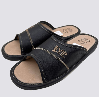   VIP Men Herren Leder Echtleder Hausschuhe Latschen Pantoffeln Pantolette offen