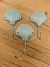 3 Scallop Sea Shell Coat Hook Wall Hanger Cast Iron Beach House Hat Dog Leash