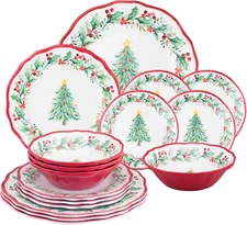 ware 16 Piece Christmas Tree Melamine Dinnerware Sets, Outdoor Dishes Set, Plate