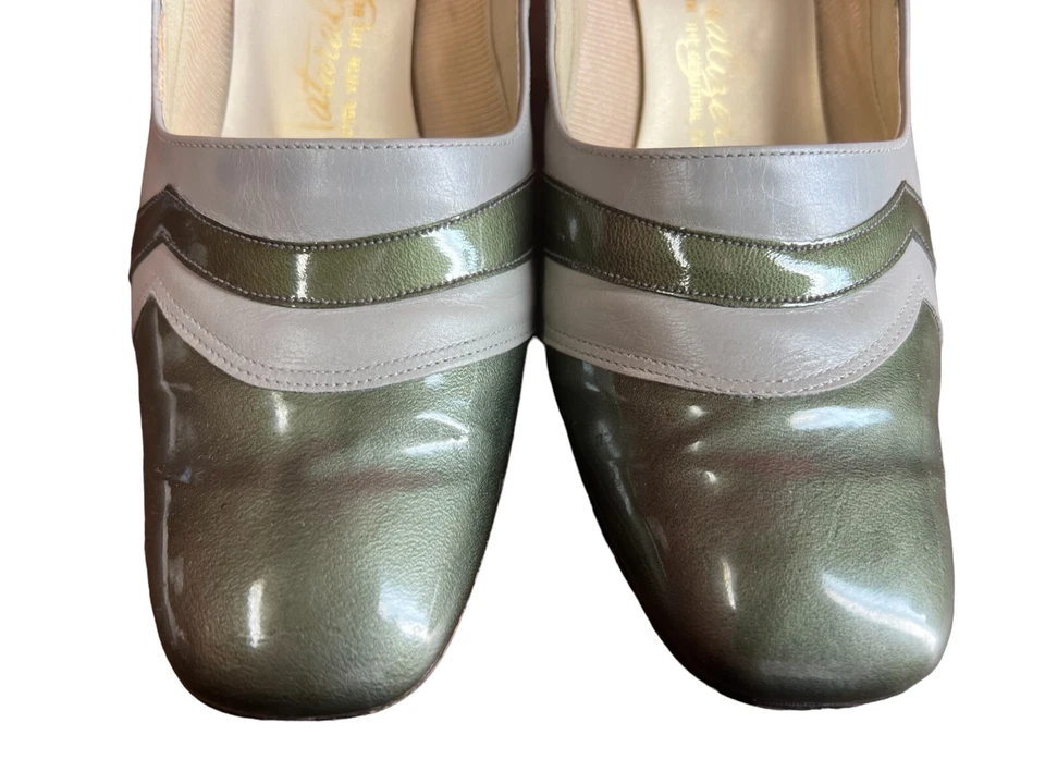 Sz 7 1/2 Vtg 60s Mod Pumps Shoe Green Colorblock Heels Patent Calf Leather 7.5 - Image 4 of 4