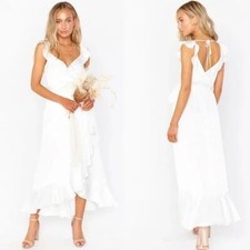 NEW! Show Me Your Mumu, L Samantha Ruffle Wrap Dress, Ivory Luxe Satin 