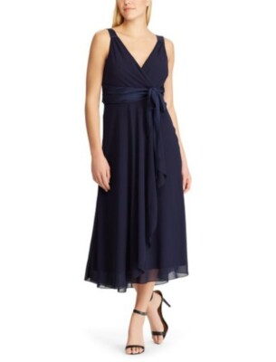 Mediterranean Midnight Tie-Waist Georgette Midi Dress ~Size 12