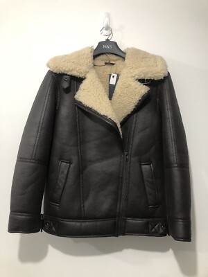 Marks and Spencer M & S Faux Shearling Borg Lined Aviator Jacket UK 6 Brown