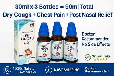 SBL Drops No.9 Dry Rattling Cough, Throat & Chest Pain Relief 30ml x 3 Free Ship