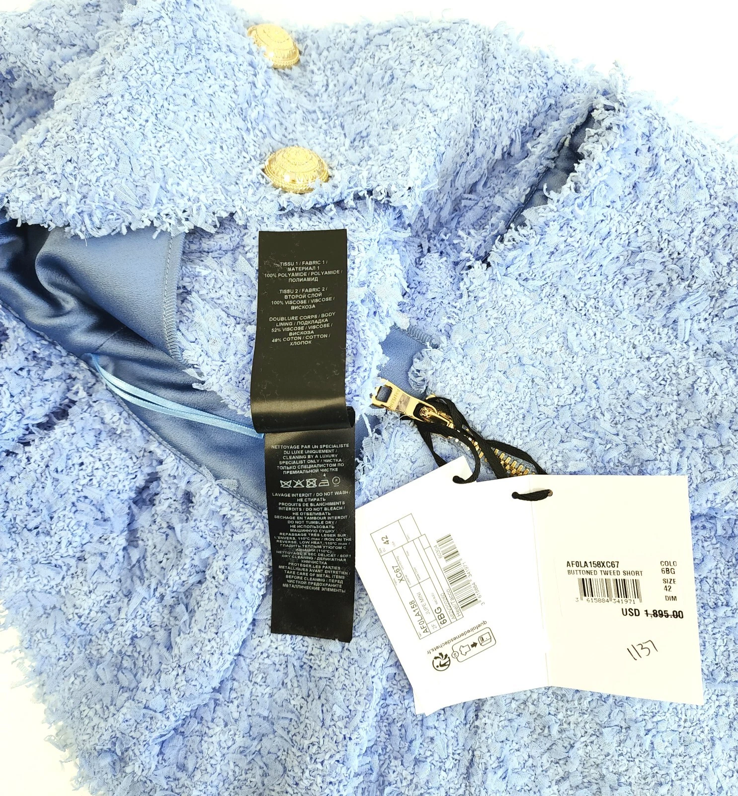 Balmain Womens Buttoned Tweed Mini Skater Skirt in Light Blue Size FR 42 / US 10 image 5