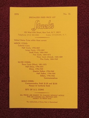 Stack's 1970 Fixed Price List No. 76; United States coins