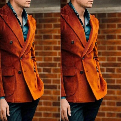 Orange Corduroy Men Suit Double Breasted Blazer Fashionable Jacket