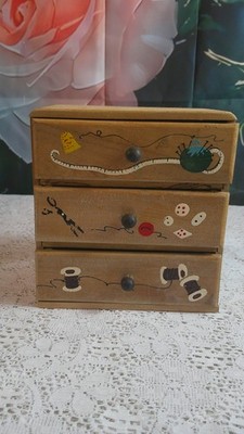 Vintage Japan 3 Drawer Sewing Puzzle Box Hand Painted Wood Trick Chest