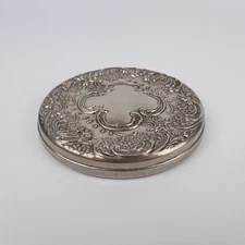 Vintage Silver-Plated 3.5" Round Powder Mirror – Ornate Engraved Compact