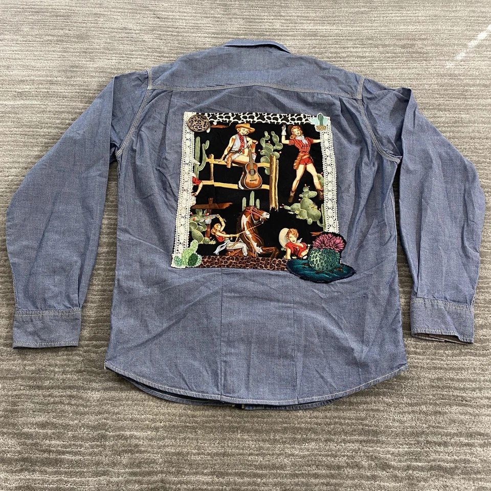 Weatherproof Vintage Shirt Mens Large Blue Chambray Western Cowgirl Patchwork - Image 2 of 4