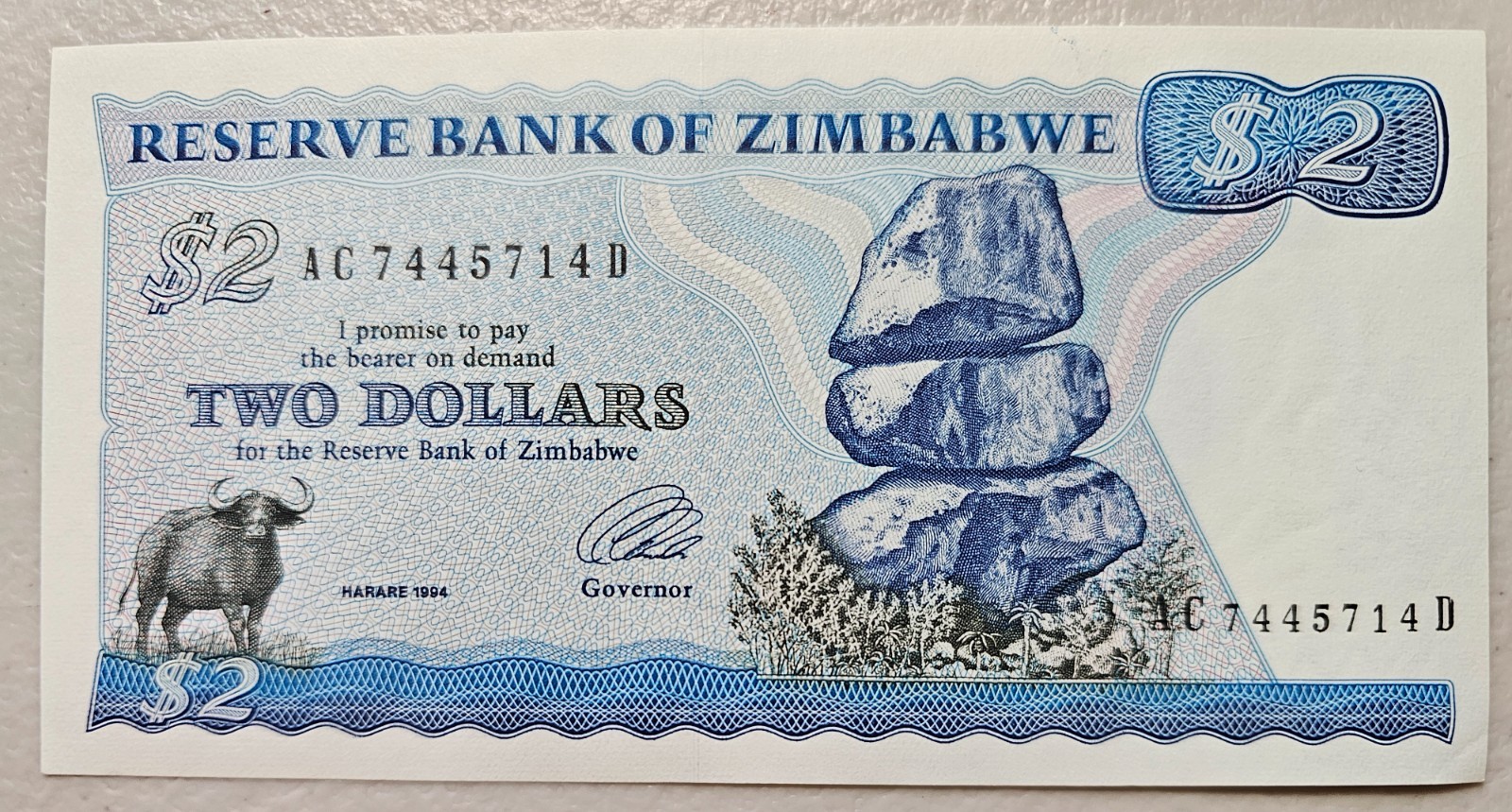 Zimbabwe 2 Dollars 1994, Type A Wmk, Unc