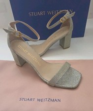 Stuart Weitzman Nudistcurve 75 Block Sandal Platino Gold Sparkle Sz 7 New