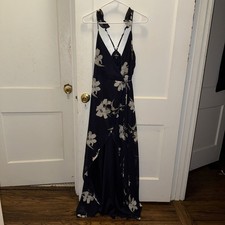 Lulus All Mine Navy Blue Floral Print High-Low Wrap Dress In Chiffon/ Tie Small