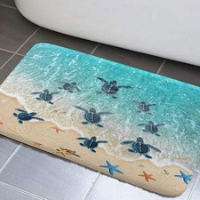 Sea Turtle Beach Bath Mat, Coastal Ocean Starfish Seashell Bathroom Rug, Non