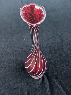 Beautiful Hand Blown 10'' Red Vase With White Swirl Pattern  - Polished Bottom