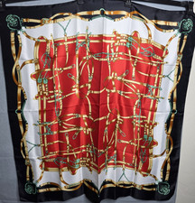 Large Scarf 34 x 35.5 In Square Horse Bits Red Black Gold White Rolled Hem