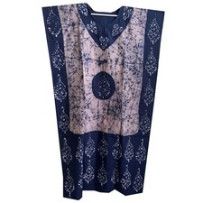 Cruise Wear Bohemian Cotton Nightie Beige Blue Tie-Dye Maxi Kaftan For Women