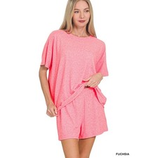 Zenana Soft Melange Short Sleeve Tee  Short Set Fuchsia Size Medium