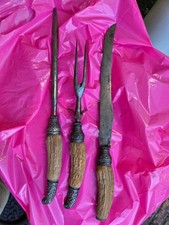 Antiguo juego de cuchillos tenedor y acero para tallar carne de plata esterlina y asta de ciervo de 1886