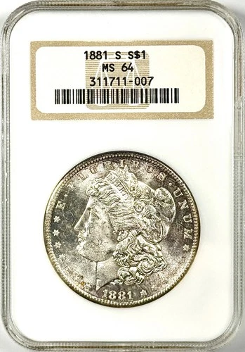 1881-S $1 MORGAN SILVER DOLLAR NGC MS64–OLD NGC "FATTY" HOLDER