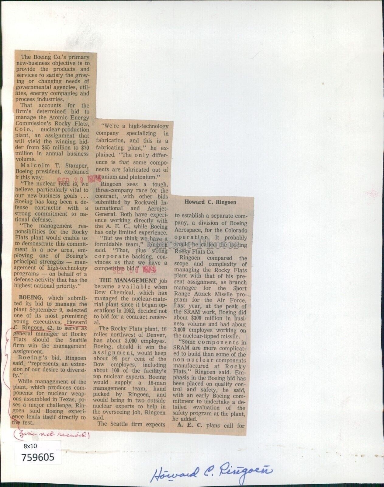 1974 Boeing Co Howard Ringoen General Manager Rocky Flats Business 8X10 Photo thumbnail 2