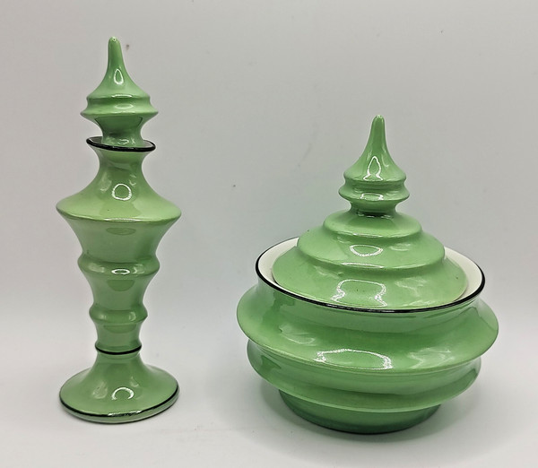 Art Deco Green & Black Trim Bavaria Porcelain Perfume Bottle & Powder Jar Set