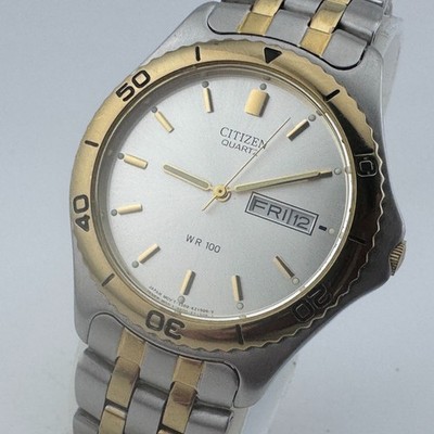 VTG Citizen Quartz Watch 5500-K06461 Men 100m Dual Tone Day Date New Battery 7''